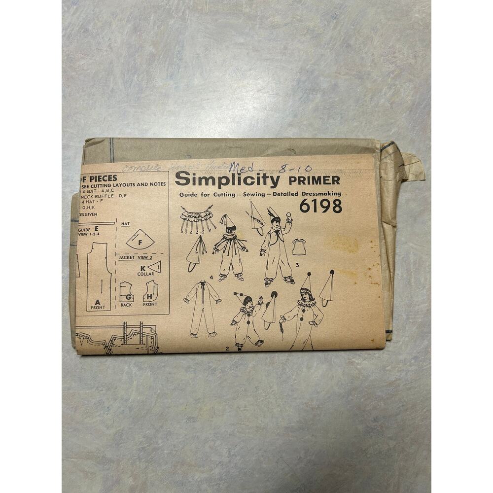 Vintage 1965 Simplicity Primer Pattern #6198 Children's Clown Costume Size 8-10